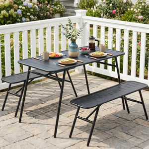 All-metal 3-piece set with a practical dining table and comfortable seating<br>Ample table space for food  drinks  snacks  and flower vases<br>Strong frame with reinforced support crossbars and a solid base<br>Adjustable feet for stability on uneven outdo