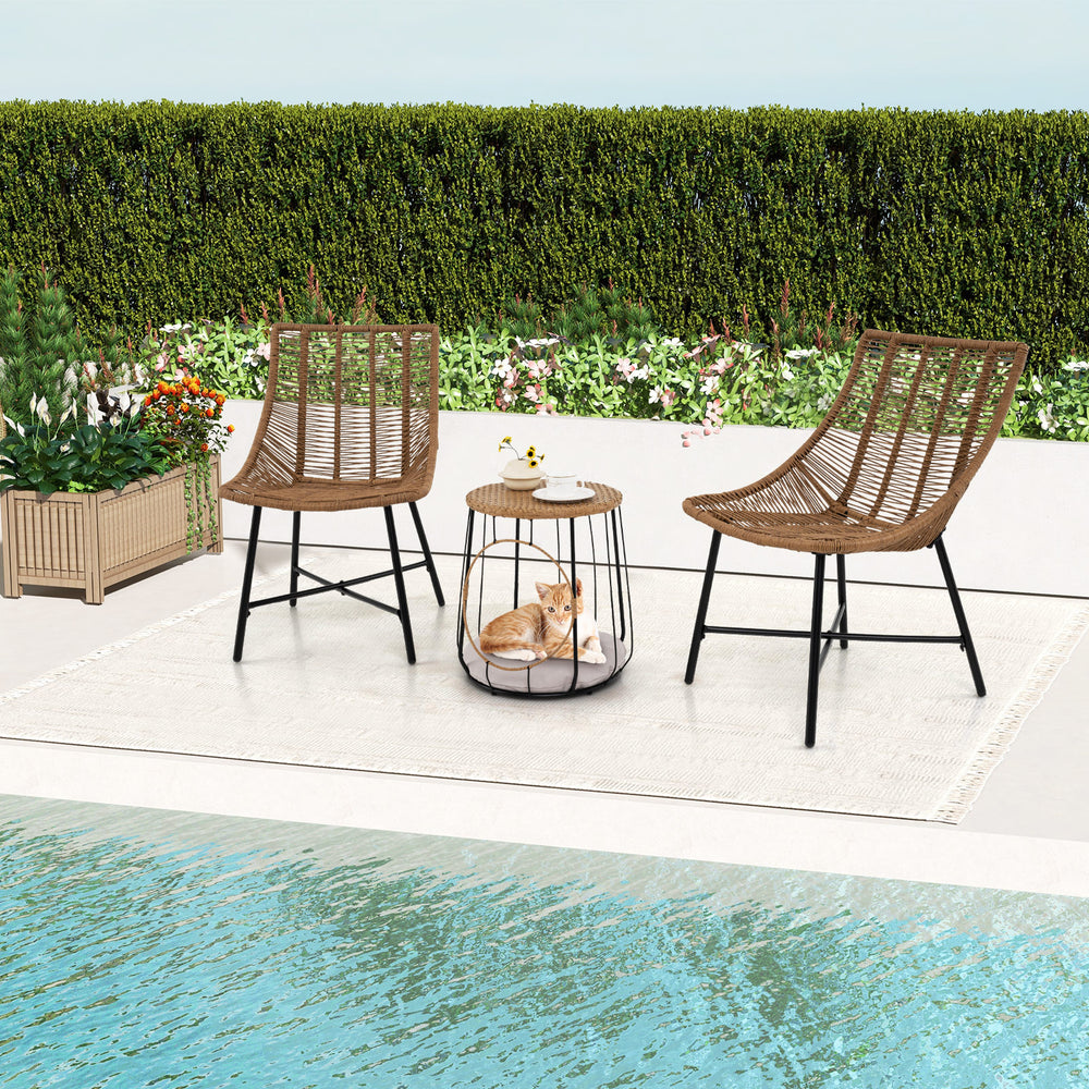 With a versatile side table for storage or pet relaxing<br>Rattan woven seat and tabletop for more elegance<br>Ergonomic and breathable seat offers coziness to you<br>Removable round cushion makes the pet more relaxed<br>Fixing ties of cushion keep it fir