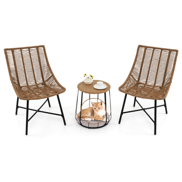 With a versatile side table for storage or pet relaxing<br>Rattan woven seat and tabletop for more elegance<br>Ergonomic and breathable seat offers coziness to you<br>Removable round cushion makes the pet more relaxed<br>Fixing ties of cushion keep it fir