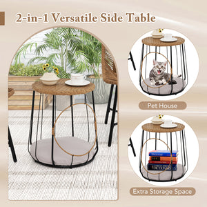 With a versatile side table for storage or pet relaxing<br>Rattan woven seat and tabletop for more elegance<br>Ergonomic and breathable seat offers coziness to you<br>Removable round cushion makes the pet more relaxed<br>Fixing ties of cushion keep it fir