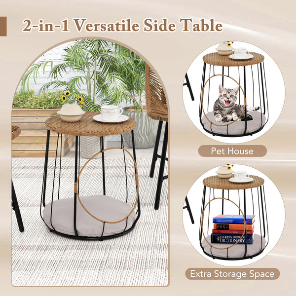 With a versatile side table for storage or pet relaxing<br>Rattan woven seat and tabletop for more elegance<br>Ergonomic and breathable seat offers coziness to you<br>Removable round cushion makes the pet more relaxed<br>Fixing ties of cushion keep it fir