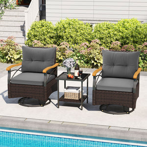 360Â° swiveling motion makes you fully relaxed<br>Well-woven PE rattan brings long-lasting elegance<br>Soft seat and back cushions for endless comfort<br>Ergonomic backrest and acacia wood armrests for more coziness<br>Smooth zippers make seat cushion cov