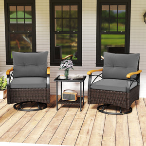 360Â° swiveling motion makes you fully relaxed<br>Well-woven PE rattan brings long-lasting elegance<br>Soft seat and back cushions for endless comfort<br>Ergonomic backrest and acacia wood armrests for more coziness<br>Smooth zippers make seat cushion cov