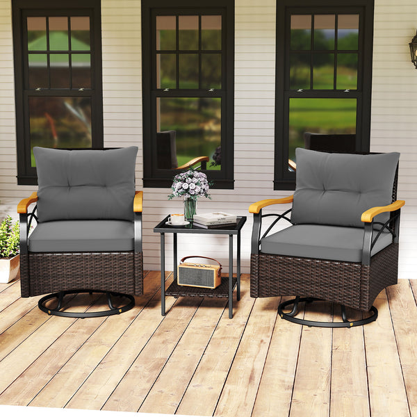 360Â° swiveling motion makes you fully relaxed<br>Well-woven PE rattan brings long-lasting elegance<br>Soft seat and back cushions for endless comfort<br>Ergonomic backrest and acacia wood armrests for more coziness<br>Smooth zippers make seat cushion cov
