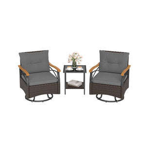 360Â° swiveling motion makes you fully relaxed<br>Well-woven PE rattan brings long-lasting elegance<br>Soft seat and back cushions for endless comfort<br>Ergonomic backrest and acacia wood armrests for more coziness<br>Smooth zippers make seat cushion cov