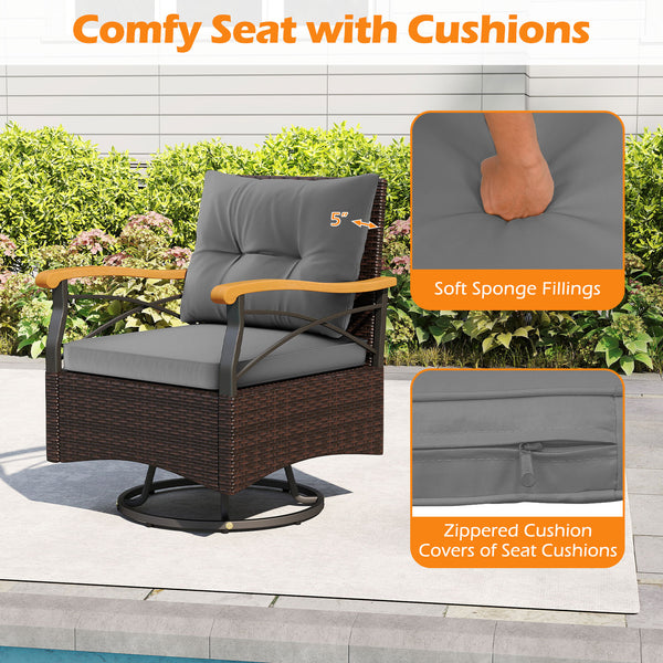 360Â° swiveling motion makes you fully relaxed<br>Well-woven PE rattan brings long-lasting elegance<br>Soft seat and back cushions for endless comfort<br>Ergonomic backrest and acacia wood armrests for more coziness<br>Smooth zippers make seat cushion cov