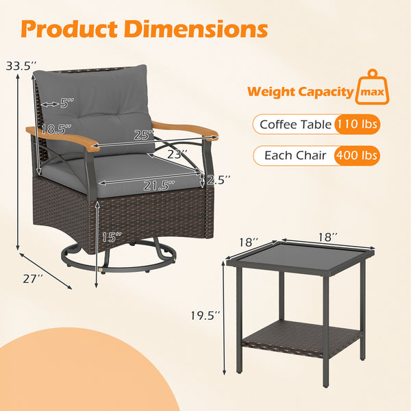 360Â° swiveling motion makes you fully relaxed<br>Well-woven PE rattan brings long-lasting elegance<br>Soft seat and back cushions for endless comfort<br>Ergonomic backrest and acacia wood armrests for more coziness<br>Smooth zippers make seat cushion cov
