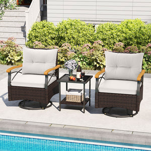 360Â° swiveling motion makes you fully relaxed<br>Well-woven PE rattan brings long-lasting elegance<br>Soft seat and back cushions for endless comfort<br>Ergonomic backrest and acacia wood armrests for more coziness<br>Smooth zippers make seat cushion cov