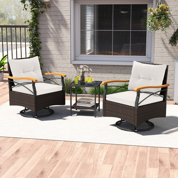 360Â° swiveling motion makes you fully relaxed<br>Well-woven PE rattan brings long-lasting elegance<br>Soft seat and back cushions for endless comfort<br>Ergonomic backrest and acacia wood armrests for more coziness<br>Smooth zippers make seat cushion cov