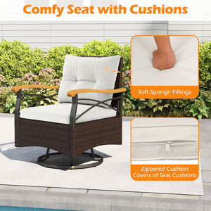 360Â° swiveling motion makes you fully relaxed<br>Well-woven PE rattan brings long-lasting elegance<br>Soft seat and back cushions for endless comfort<br>Ergonomic backrest and acacia wood armrests for more coziness<br>Smooth zippers make seat cushion cov