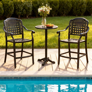 Robust cast aluminum frame for prolonged use<br>Withstand the test of time with rustproof feature<br>Hallowed backrests and tabletop for a vintage touch<br>Inclined backrests and contoured seat for perfect body support<br>Optimal arm relaxation with curve