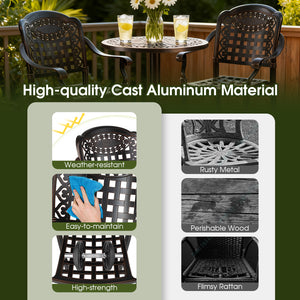 Robust cast aluminum frame for prolonged use<br>Withstand the test of time with rustproof feature<br>Hallowed backrests and tabletop for a vintage touch<br>Inclined backrests and contoured seat for perfect body support<br>Optimal arm relaxation with curve