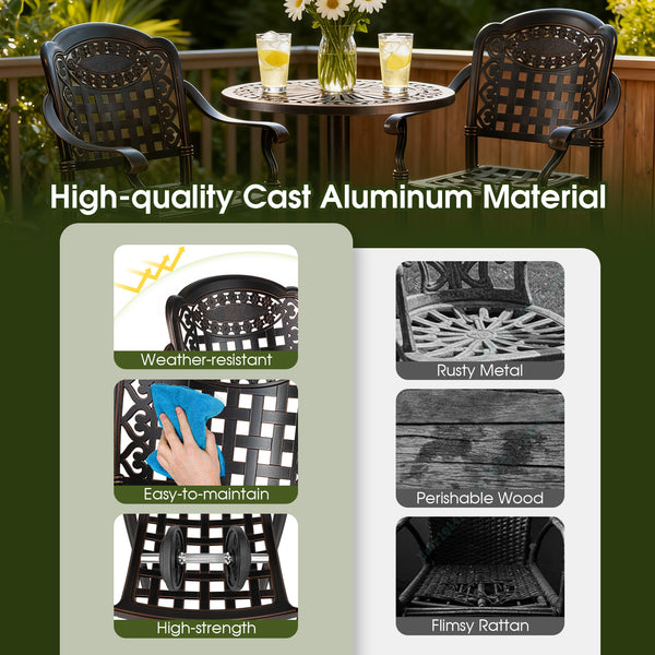 Robust cast aluminum frame for prolonged use<br>Withstand the test of time with rustproof feature<br>Hallowed backrests and tabletop for a vintage touch<br>Inclined backrests and contoured seat for perfect body support<br>Optimal arm relaxation with curve