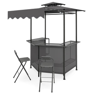 Heat-resistant tabletop with 4 slatted metal shelves for organized grilling<br>2-row top glass holders and 6 side hanging hooks for easy access<br>Comfy bar stools with ergonomic seats and relaxed footrests for comfort<br>Folding stool design allowing com