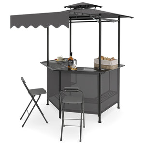Heat-resistant tabletop with 4 slatted metal shelves for organized grilling<br>2-row top glass holders and 6 side hanging hooks for easy access<br>Comfy bar stools with ergonomic seats and relaxed footrests for comfort<br>Folding stool design allowing com