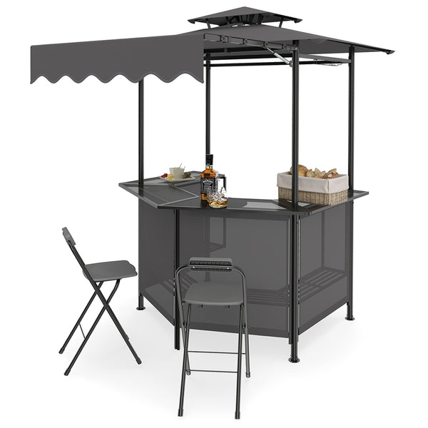 Heat-resistant tabletop with 4 slatted metal shelves for organized grilling<br>2-row top glass holders and 6 side hanging hooks for easy access<br>Comfy bar stools with ergonomic seats and relaxed footrests for comfort<br>Folding stool design allowing com