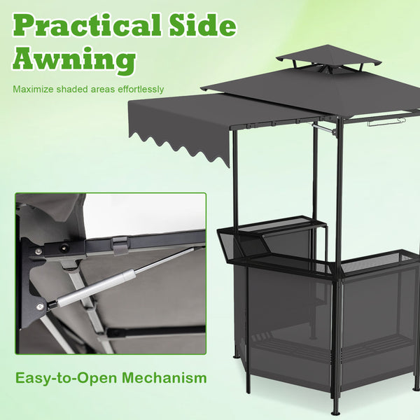 Heat-resistant tabletop with 4 slatted metal shelves for organized grilling<br>2-row top glass holders and 6 side hanging hooks for easy access<br>Comfy bar stools with ergonomic seats and relaxed footrests for comfort<br>Folding stool design allowing com
