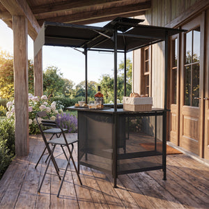 Heat-resistant tabletop with 4 slatted metal shelves for organized grilling<br>2-row top glass holders and 6 side hanging hooks for easy access<br>Comfy bar stools with ergonomic seats and relaxed footrests for comfort<br>Folding stool design allowing com