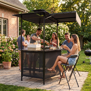 Heat-resistant tabletop with 4 slatted metal shelves for organized grilling<br>2-row top glass holders and 6 side hanging hooks for easy access<br>Comfy bar stools with ergonomic seats and relaxed footrests for comfort<br>Folding stool design allowing com
