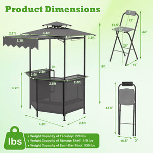 Heat-resistant tabletop with 4 slatted metal shelves for organized grilling<br>2-row top glass holders and 6 side hanging hooks for easy access<br>Comfy bar stools with ergonomic seats and relaxed footrests for comfort<br>Folding stool design allowing com