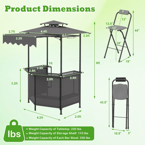 Heat-resistant tabletop with 4 slatted metal shelves for organized grilling<br>2-row top glass holders and 6 side hanging hooks for easy access<br>Comfy bar stools with ergonomic seats and relaxed footrests for comfort<br>Folding stool design allowing com