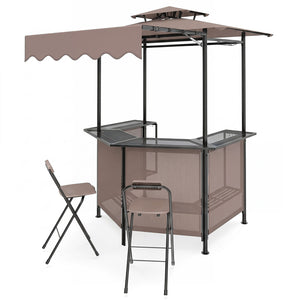 Heat-resistant tabletop with 4 slatted metal shelves for organized grilling<br>2-row top glass holders and 6 side hanging hooks for easy access<br>Comfy bar stools with ergonomic seats and relaxed footrests for comfort<br>Folding stool design allowing com