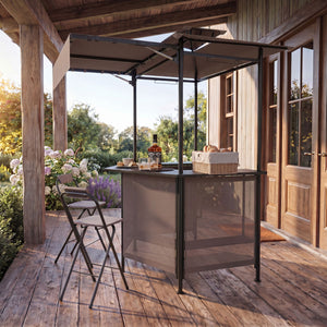 Heat-resistant tabletop with 4 slatted metal shelves for organized grilling<br>2-row top glass holders and 6 side hanging hooks for easy access<br>Comfy bar stools with ergonomic seats and relaxed footrests for comfort<br>Folding stool design allowing com