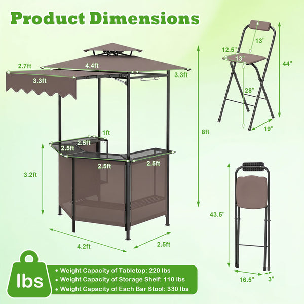 Heat-resistant tabletop with 4 slatted metal shelves for organized grilling<br>2-row top glass holders and 6 side hanging hooks for easy access<br>Comfy bar stools with ergonomic seats and relaxed footrests for comfort<br>Folding stool design allowing com