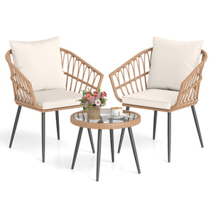 Hand-woven PE rattan ensures durability and lasting charm<br>Soft cushions for added comfort with high-density filling<br>Zippered cushion covers allow easy removal and cleaning<br>Tempered glass top for easy access to outdoor necessities<br>Suction cups 