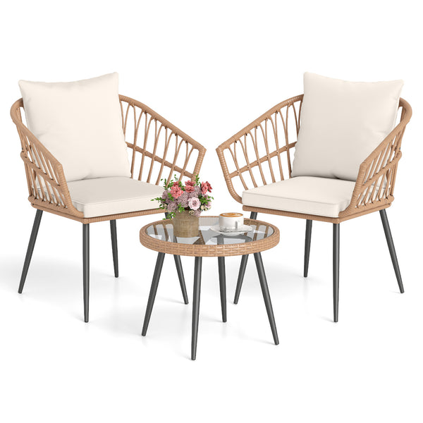 Hand-woven PE rattan ensures durability and lasting charm<br>Soft cushions for added comfort with high-density filling<br>Zippered cushion covers allow easy removal and cleaning<br>Tempered glass top for easy access to outdoor necessities<br>Suction cups 