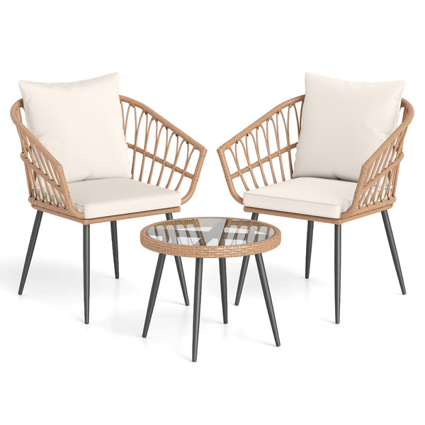 Hand-woven PE rattan ensures durability and lasting charm<br>Soft cushions for added comfort with high-density filling<br>Zippered cushion covers allow easy removal and cleaning<br>Tempered glass top for easy access to outdoor necessities<br>Suction cups 