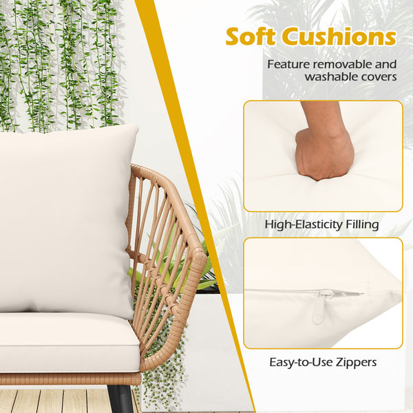 Hand-woven PE rattan ensures durability and lasting charm<br>Soft cushions for added comfort with high-density filling<br>Zippered cushion covers allow easy removal and cleaning<br>Tempered glass top for easy access to outdoor necessities<br>Suction cups 