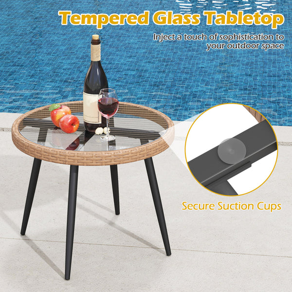 Hand-woven PE rattan ensures durability and lasting charm<br>Soft cushions for added comfort with high-density filling<br>Zippered cushion covers allow easy removal and cleaning<br>Tempered glass top for easy access to outdoor necessities<br>Suction cups 