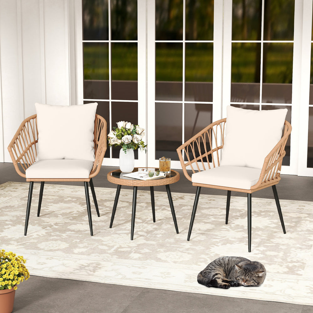 Hand-woven PE rattan ensures durability and lasting charm<br>Soft cushions for added comfort with high-density filling<br>Zippered cushion covers allow easy removal and cleaning<br>Tempered glass top for easy access to outdoor necessities<br>Suction cups 