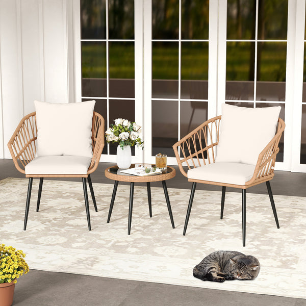 Hand-woven PE rattan ensures durability and lasting charm<br>Soft cushions for added comfort with high-density filling<br>Zippered cushion covers allow easy removal and cleaning<br>Tempered glass top for easy access to outdoor necessities<br>Suction cups 