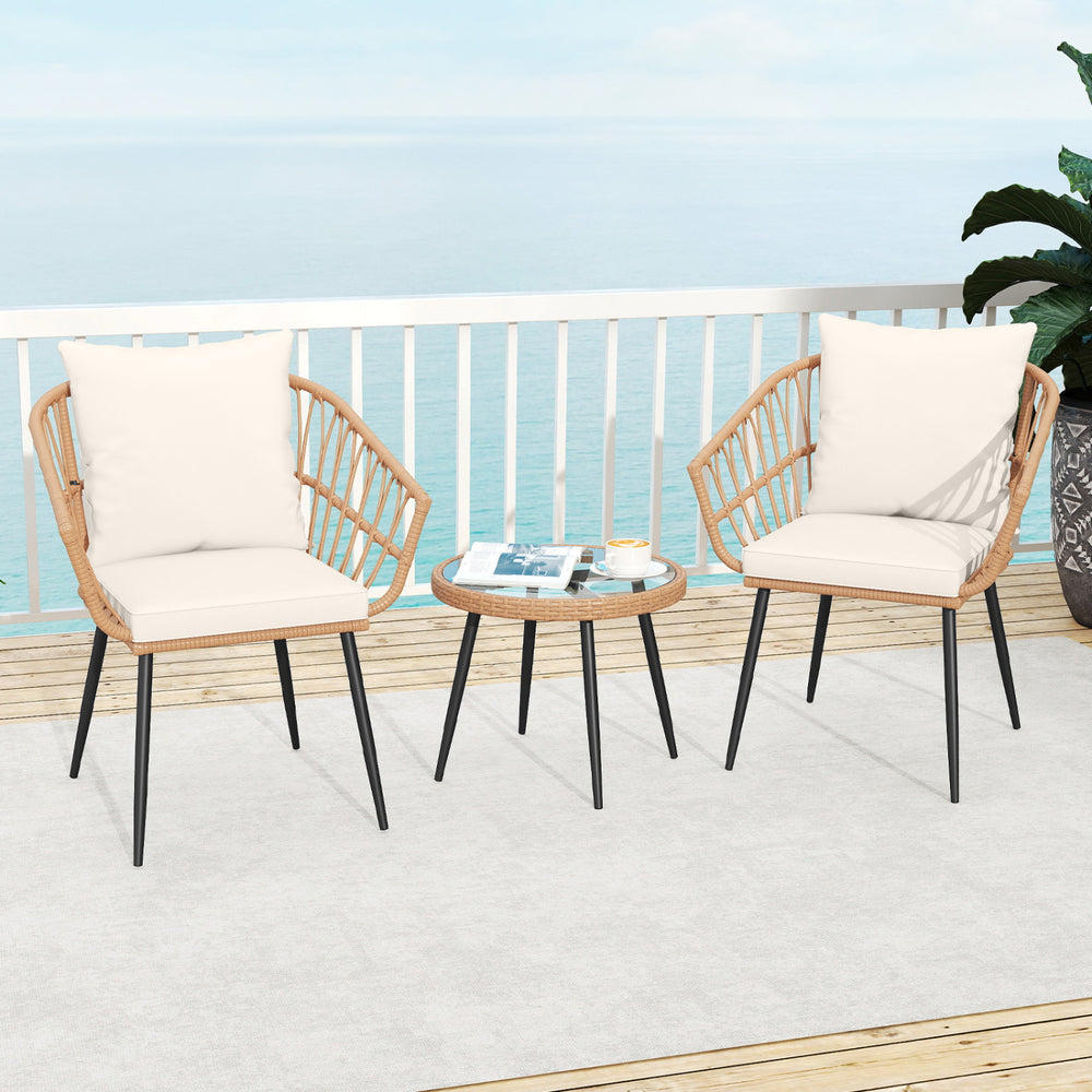 Hand-woven PE rattan ensures durability and lasting charm<br>Soft cushions for added comfort with high-density filling<br>Zippered cushion covers allow easy removal and cleaning<br>Tempered glass top for easy access to outdoor necessities<br>Suction cups 