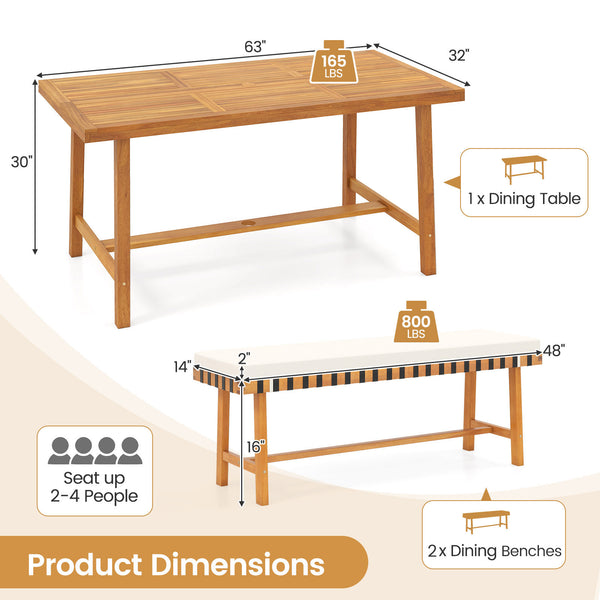Please avoid leaving it outdoors in the rain to extend its lifespan<br>Includes a rectangular table and 2 benches  elevate your outdoor gatherings<br>Crafted of solid acacia wood  warp-resistant  sturdy and reliable  built to last<br>With delicate craftsm