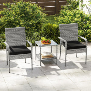 Crafted from appealing and long-lasting PE rattan<br>Comfortable to sit with ergonomic backrest and armrests<br>Soft seat cushions bring more coziness<br>Zippered cushion covers for simple maintenance<br>Side table with 2-tier design for more storage spac