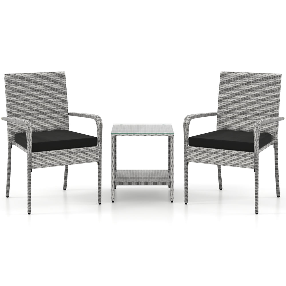 Crafted from appealing and long-lasting PE rattan<br>Comfortable to sit with ergonomic backrest and armrests<br>Soft seat cushions bring more coziness<br>Zippered cushion covers for simple maintenance<br>Side table with 2-tier design for more storage spac