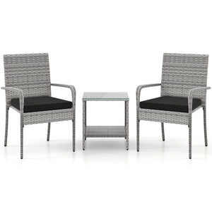 Crafted from appealing and long-lasting PE rattan<br>Comfortable to sit with ergonomic backrest and armrests<br>Soft seat cushions bring more coziness<br>Zippered cushion covers for simple maintenance<br>Side table with 2-tier design for more storage spac