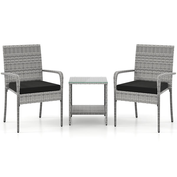 Crafted from appealing and long-lasting PE rattan<br>Comfortable to sit with ergonomic backrest and armrests<br>Soft seat cushions bring more coziness<br>Zippered cushion covers for simple maintenance<br>Side table with 2-tier design for more storage spac