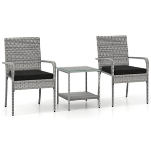 Crafted from appealing and long-lasting PE rattan<br>Comfortable to sit with ergonomic backrest and armrests<br>Soft seat cushions bring more coziness<br>Zippered cushion covers for simple maintenance<br>Side table with 2-tier design for more storage spac