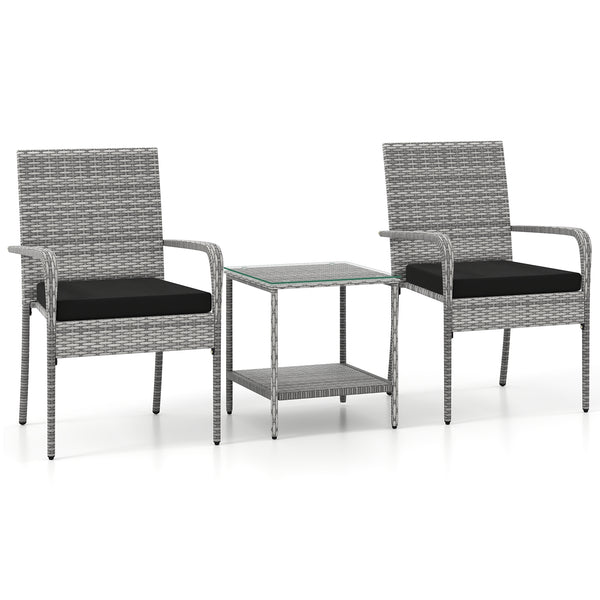 Crafted from appealing and long-lasting PE rattan<br>Comfortable to sit with ergonomic backrest and armrests<br>Soft seat cushions bring more coziness<br>Zippered cushion covers for simple maintenance<br>Side table with 2-tier design for more storage spac