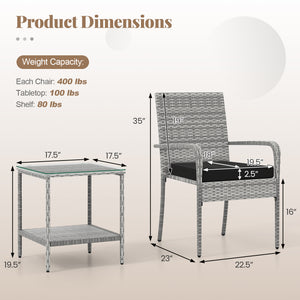 Crafted from appealing and long-lasting PE rattan<br>Comfortable to sit with ergonomic backrest and armrests<br>Soft seat cushions bring more coziness<br>Zippered cushion covers for simple maintenance<br>Side table with 2-tier design for more storage spac