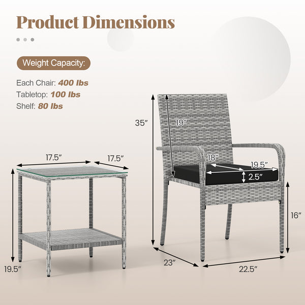 Crafted from appealing and long-lasting PE rattan<br>Comfortable to sit with ergonomic backrest and armrests<br>Soft seat cushions bring more coziness<br>Zippered cushion covers for simple maintenance<br>Side table with 2-tier design for more storage spac
