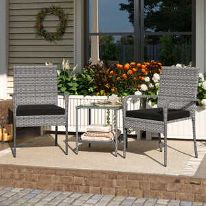 Crafted from appealing and long-lasting PE rattan<br>Comfortable to sit with ergonomic backrest and armrests<br>Soft seat cushions bring more coziness<br>Zippered cushion covers for simple maintenance<br>Side table with 2-tier design for more storage spac