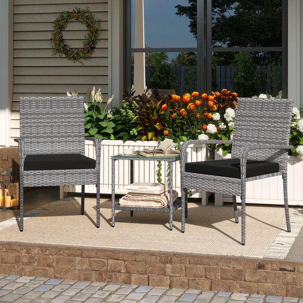 Crafted from appealing and long-lasting PE rattan<br>Comfortable to sit with ergonomic backrest and armrests<br>Soft seat cushions bring more coziness<br>Zippered cushion covers for simple maintenance<br>Side table with 2-tier design for more storage spac