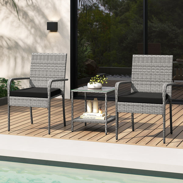 Crafted from appealing and long-lasting PE rattan<br>Comfortable to sit with ergonomic backrest and armrests<br>Soft seat cushions bring more coziness<br>Zippered cushion covers for simple maintenance<br>Side table with 2-tier design for more storage spac