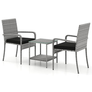 Crafted from appealing and long-lasting PE rattan<br>Comfortable to sit with ergonomic backrest and armrests<br>Soft seat cushions bring more coziness<br>Zippered cushion covers for simple maintenance<br>Side table with 2-tier design for more storage spac