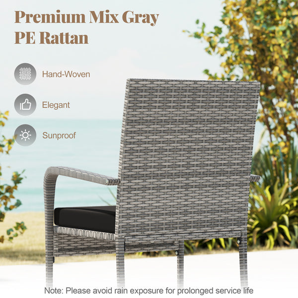 Crafted from appealing and long-lasting PE rattan<br>Comfortable to sit with ergonomic backrest and armrests<br>Soft seat cushions bring more coziness<br>Zippered cushion covers for simple maintenance<br>Side table with 2-tier design for more storage spac